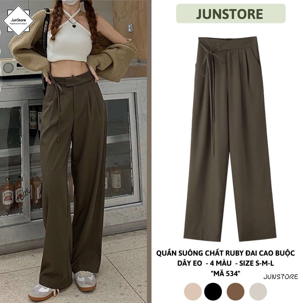 Quần suông ống đứng Junstore, 3 màu, chất đẹp dáng xinh đai buộc dây mã 534