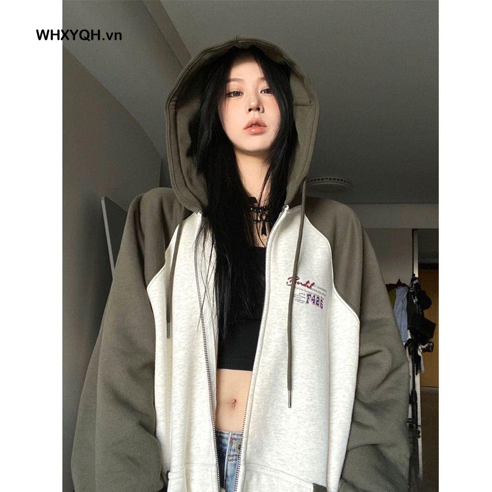 Áo Khoác Cardigan Có Mũ Trùm Phối Màu Tương Phản Phong Cách Mỹ Mới