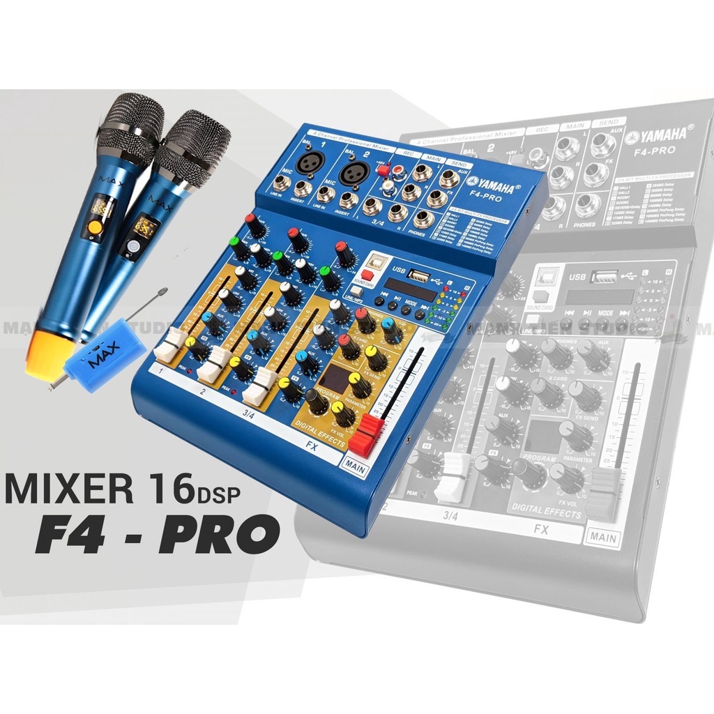 COMBO Bàn Trộn Mixer Yamaha F4 Pro+ 2 Micro Không Dây Đa Năng Max 56, Tích Hợp Vang Số 16 Chế Độ Vang, Âm Thanh Đỉnh Cao