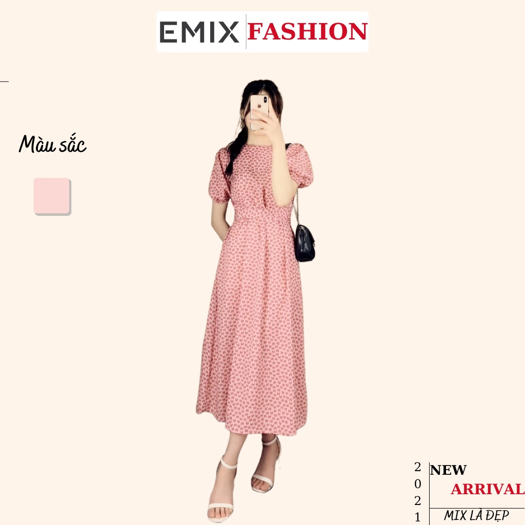 Váy nữ xoắn eo tim hồng EMIX (màu hồng), dáng dài maxi, tay bồng, cổ tròn, vải đẹp không lộ