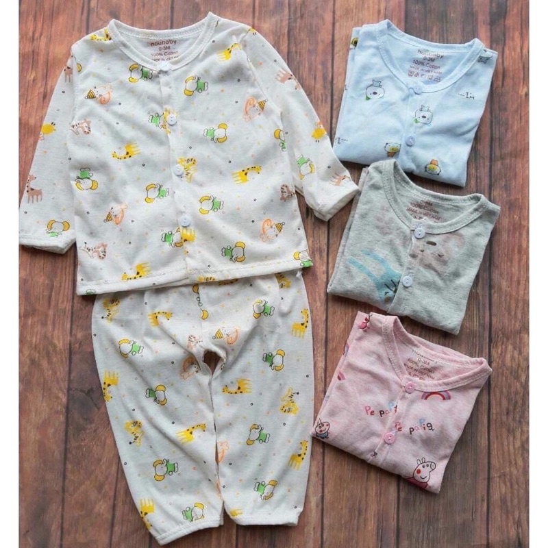 Đồ Bộ Dài Tay Nút Giữa NOUBABY - COTTON LOANG Mềm Mát - Họa Tiết Đáng Yêu - Đồ Mặc Ngủ Cho Bé Trai Bé Gái Sơ Sinh 3-14kg