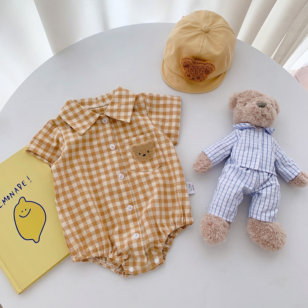 Áo Liền Quần Ngắn Tay Cổ Sơ Mi Thêu Hình Gấu Thời Trang Mùa Hè Cho Bé Trai