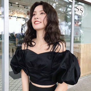 Áo Tay Phồng Dây Thắt Vai Lưng Chun (ĐEN+TRẮNG)