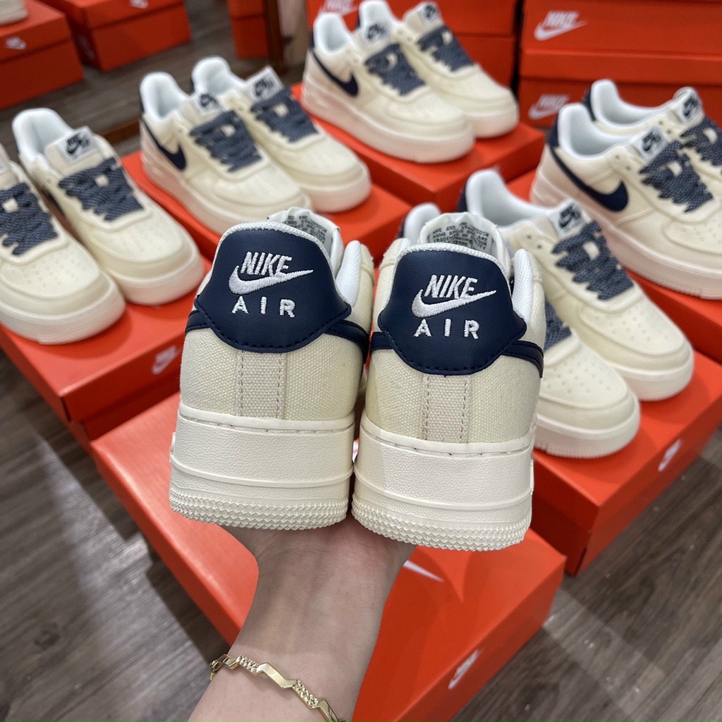 Giày Thể Thao Air Force 1 Canvas Navy Nam Nữ Tích Xanh Mới, Giày Sneaker AF1 Màu Be Tích Xanh Đầy Đủ Phụ Kiện