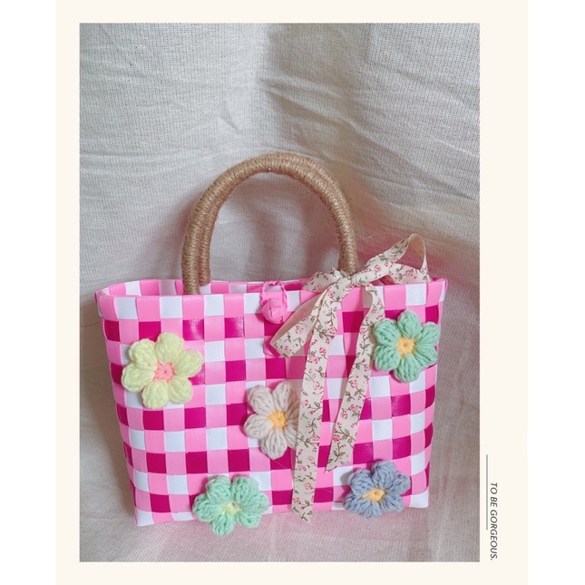 Giỏ xách đính hoa xinh xắn túi đan Handmade