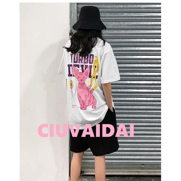 Áo thun tay lỡ UNISEX Nam Nữ kiểu Mamen shop Mèo Devil MA020, áo phông oversize TURBO DEVIL MA020