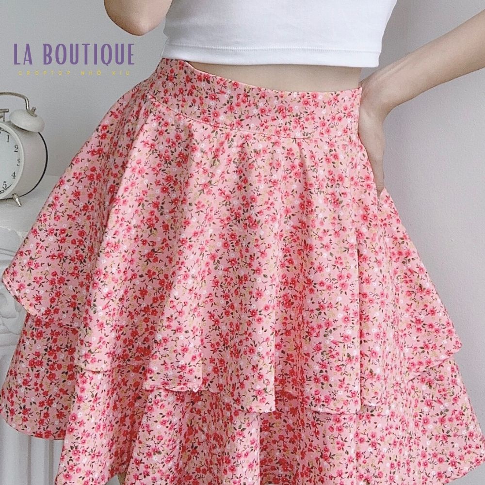 Chân váy ngắn hai tầng cạp cao LA BOUTIQUE họa tiết hoa nhí dáng xoè