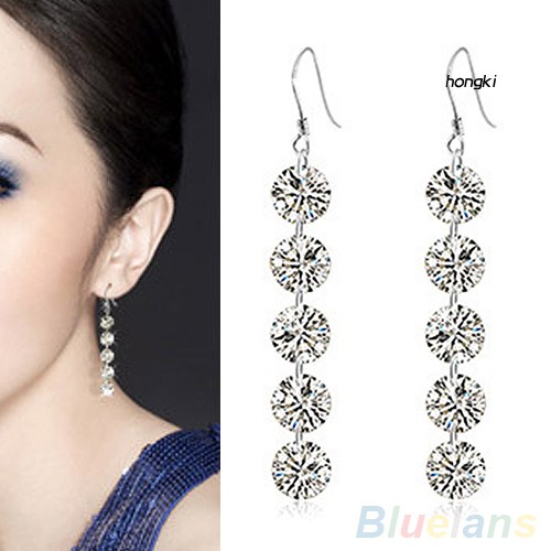 (Hàng Mới Về) Bông Tai Dạng Dài Đính Đá 5 Ô Thanh Lịch Cho Cô Dâu