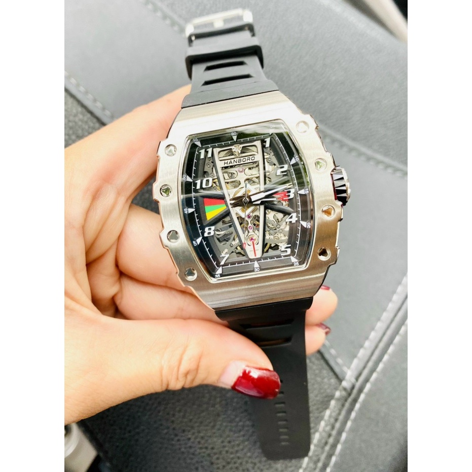 Đồng Hồ Nam Hanboro Automatic HBR983 , Dây Cao Su Màu Đen , Size 41x50mm fullbox