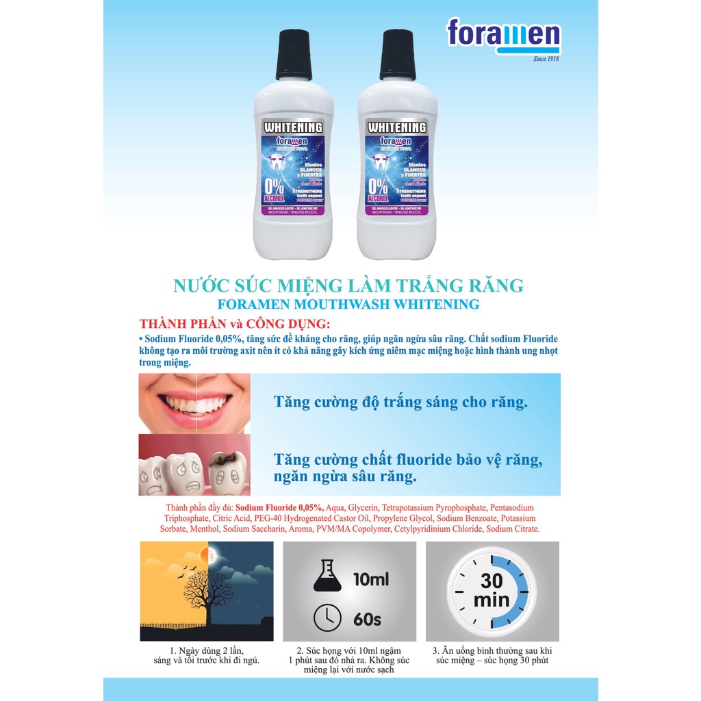 Nước súc miệng làm trắng răng Foramen Whitening 500ml/ Tây Ban Nha