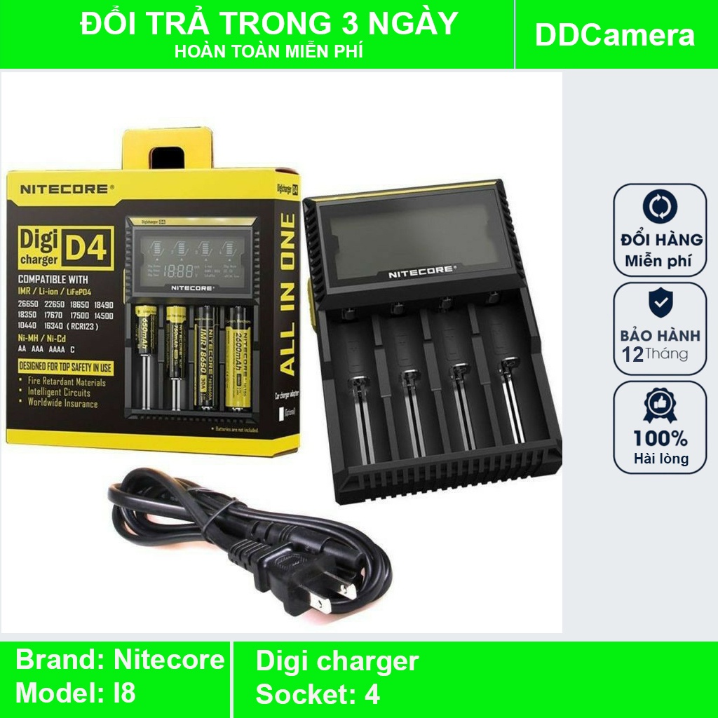 Sạc pin đa năng Nitecore D4 sạc pin 18650, 26650, AA, AAA, trung C,... tự động phát hiện loại pin sạc