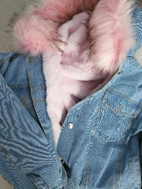 Áo khoác jeans lót lông mũ lông