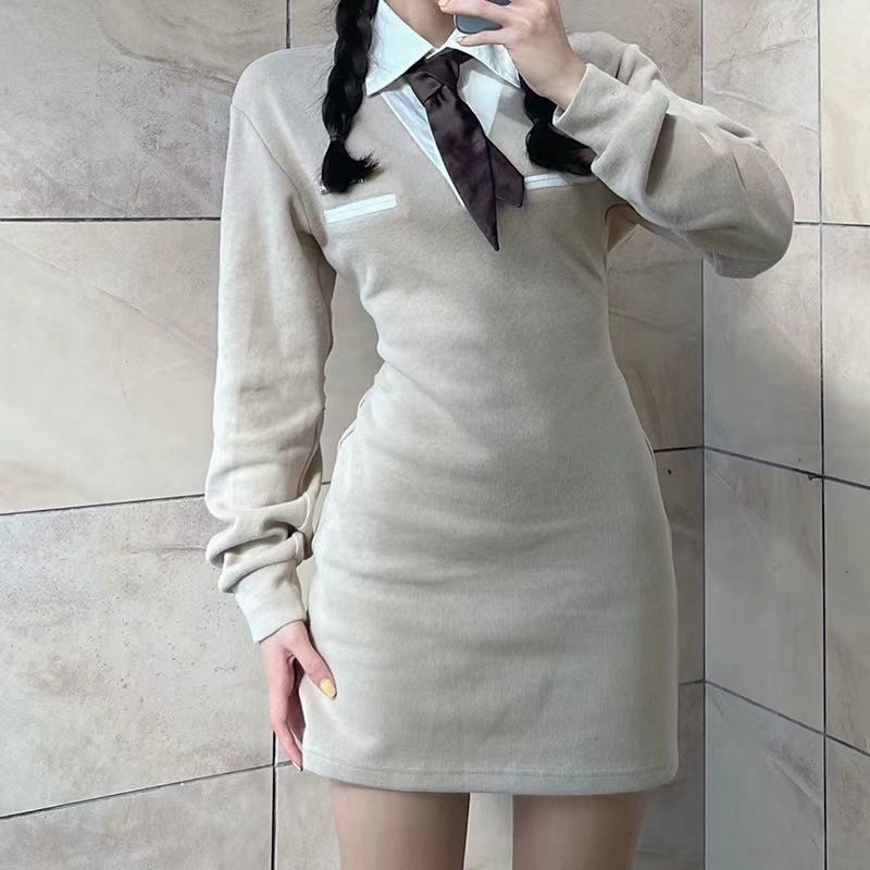 Jiashucheng Đầm Sơ Mi Thắt Eo Phong Cách Preppy Mỹ Cổ Điển Hot Girl