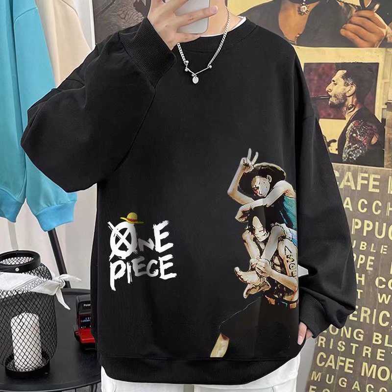 Áo Sweater Tay Dài Cổ Tròn Dáng Rộng In Hình Luffy Và Ace Phong Cách Hip hop Thời Trang Cho Nam Giới Size M-8XL