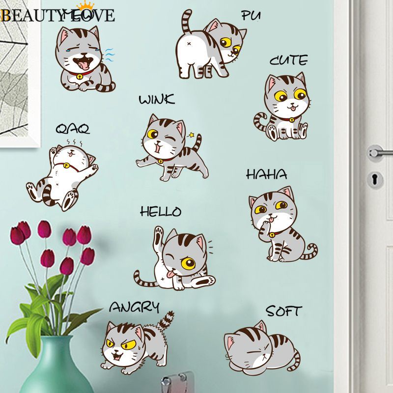 1 Tấm Decal dán tường Tự Dính Bằng PVC In Hình Mèo Hoạt Hình Trang Trí Phòng Bé