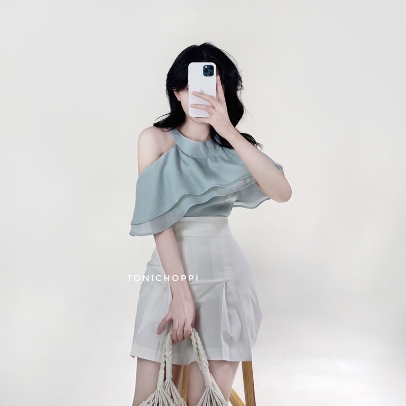 Set áo trễ vai màu xanh ghi pastel váy xếp ly tonichoppi