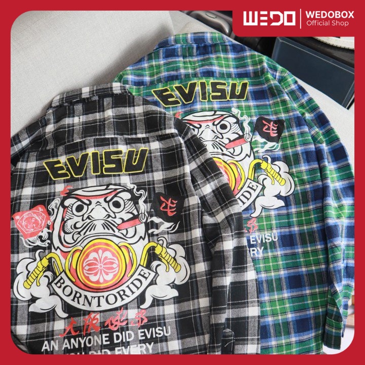 Áo Sơ Mi Nam Tay Dài EVISU BORNTORIDE Vải Nỉ Caro Cao Cấp Siêu Mềm Hình In Full Tem Thời Trang Hot Trend Mới