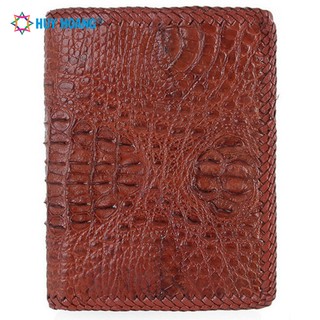 Ví nam Huy Hoàng da cá sấu nguyên con đan viền kiểu đứng màu nâu đỏ LS2765