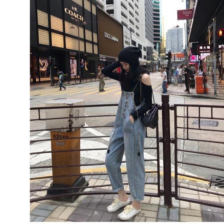 Jumpsuit Denim Dáng Rộng Phong Cách Hyuna Thời Trang Hè Thu Hàn Quốc 2020 Mới