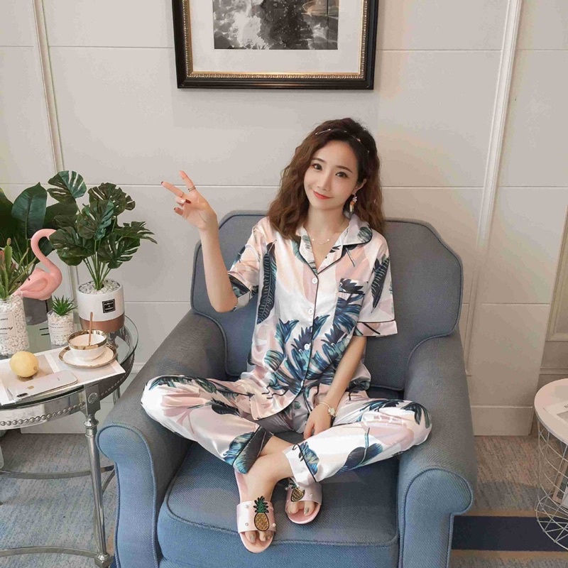 Pizama phi lụa họa tiết lá Tay Ngắn dễ thương - Y29