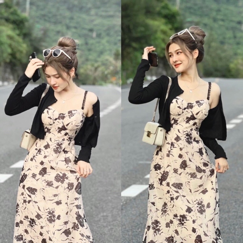 Váy hoa 2 dây mix khoác cadigan chất mềm đẹp