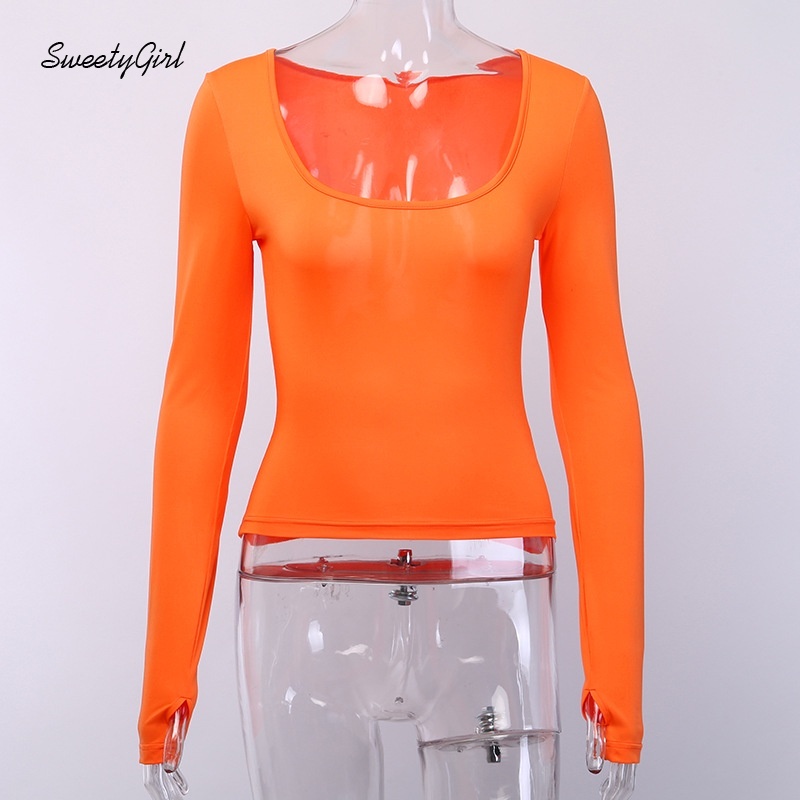 Áo thun tay dài cổ chữ U màu trơn thời trang cho nữ