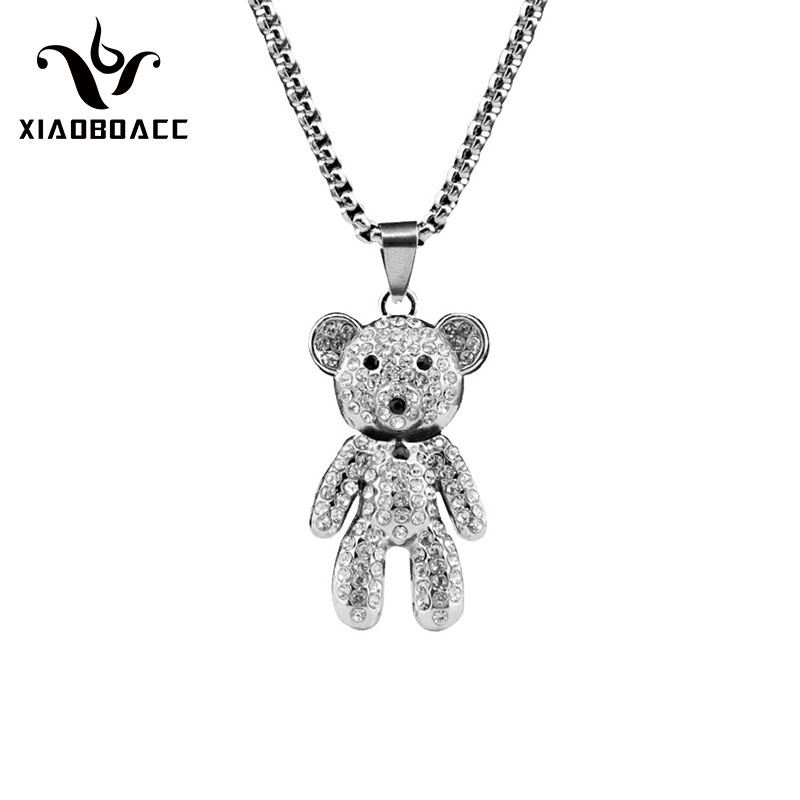 Vòng cổ XIAOBOACC bằng thép không gỉ mặt dây hình gấu đính đá kim cương giả thời trang cho nam và nữ