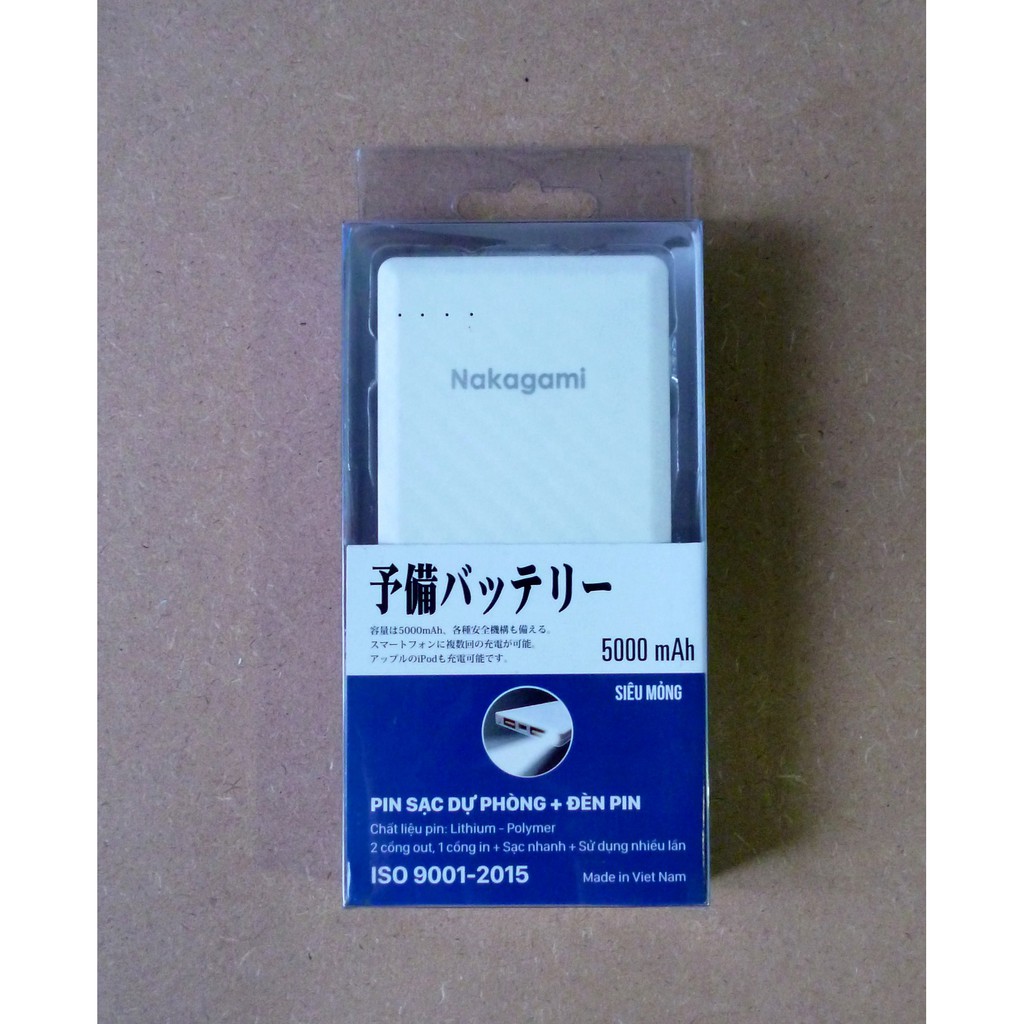 Pin dự phòng Nakagami  công nghệ Nhật Bản tích hợp đèn pin 5000mAh - TẶNG KÈM Cáp sạc nhanh cho IPhone | Vạn Tín Store