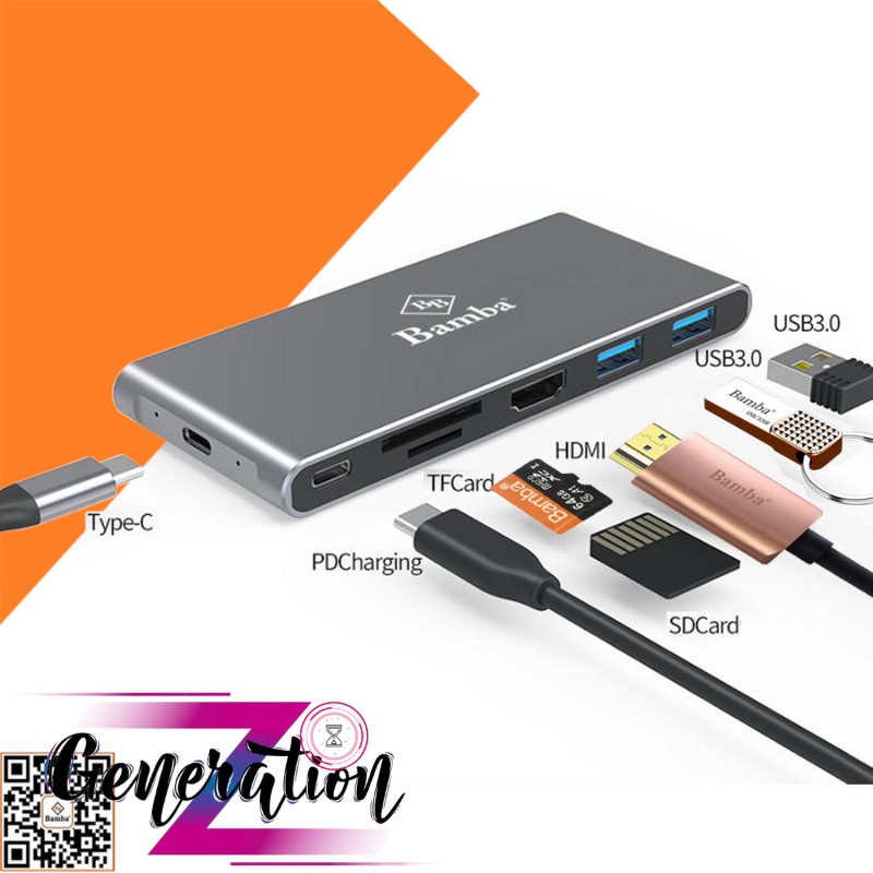 HỘP ĐỨNG Ổ CỨNG SSD M2(NGFF) - BOX SSD M2(NGFF)+2 USB 3.0+HDMI+2 ĐỌC THẺ+USB C RA USB C BAMBA B7 - VỎ NHÔM + MÀU BẠC