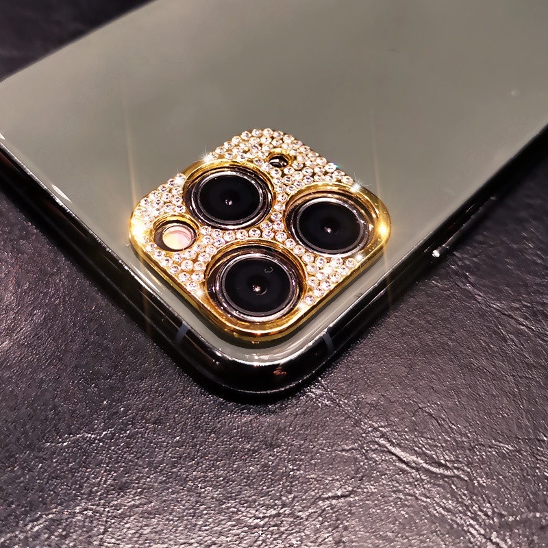 Khung Kim Loại Tròn Bảo Vệ camera Sau Đính Đá Lấp Lánh Cho iphone 15 14 13 12 11 pro max Ốp