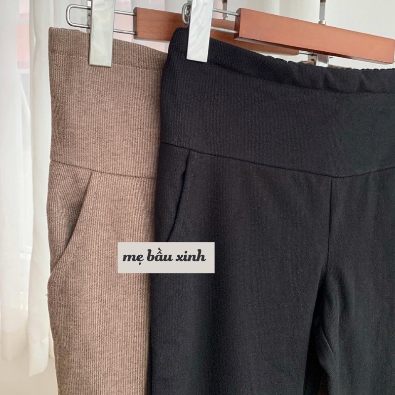 Quần bầu dạ nhung tăm Chicmom có lót nỉ, chân có 2 khuy ấm áp, đứng dáng, dành cho mẹ bầu mặc mùa đông không lạnh