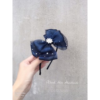 Cài tóc nơ xanh navy hoạ tiết chấm bi kim tuyến size 13,5cm * 11cm cho bé gái ( ảnh thật )