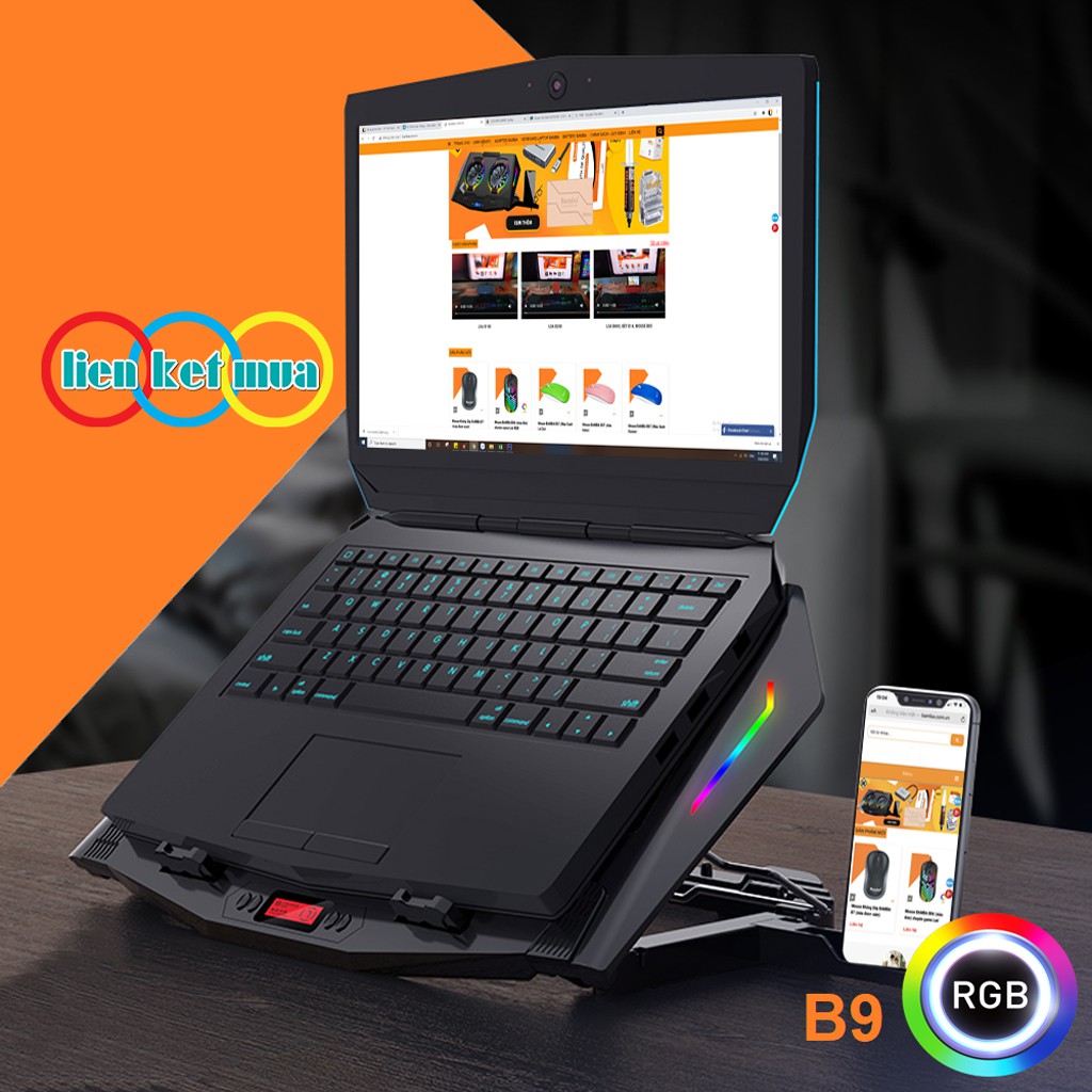 Quạt làm mát Laptop Bamba B8 và Bamba B9 có Led RGB ( 2 Quạt lớn) - Đế tản nhiệt Laptop có Led RGB