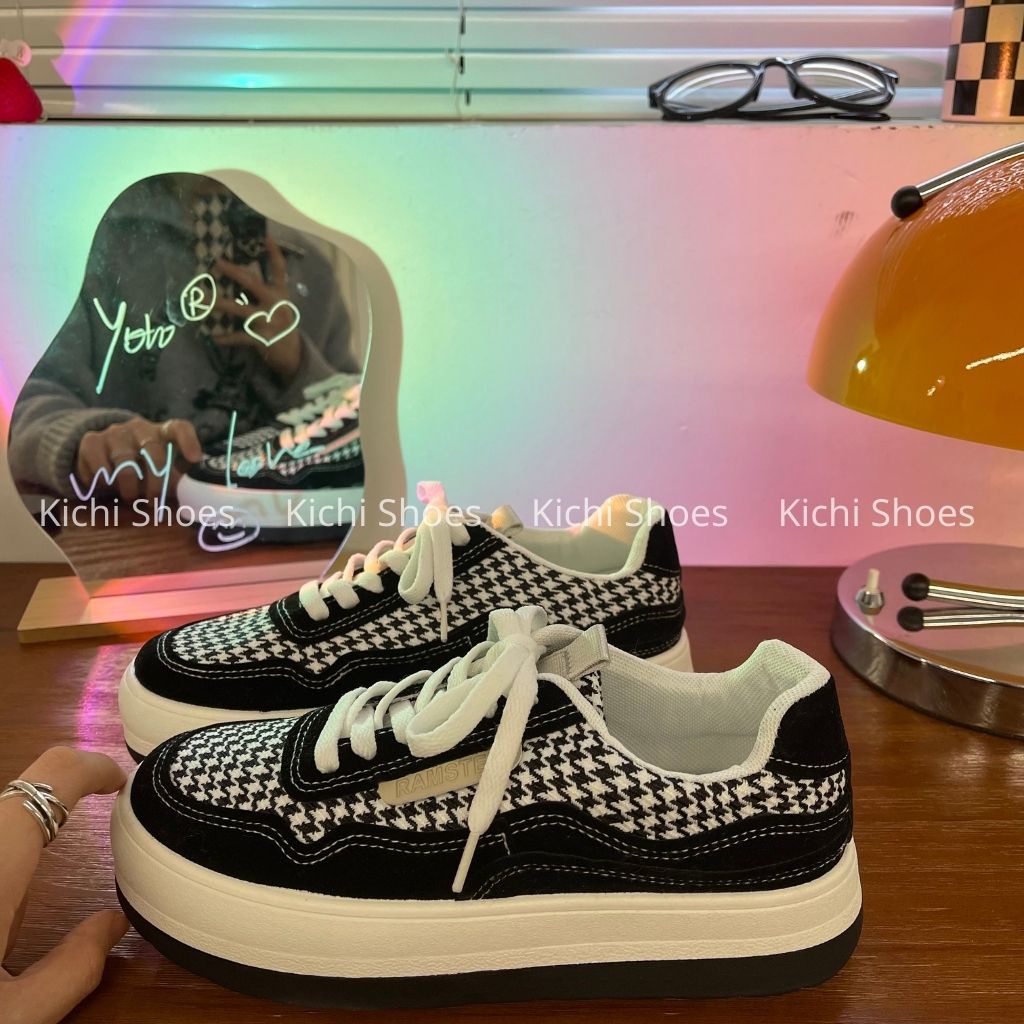 Giày thể thao nữ đế độn hoạ tiết răng sói houndstooth đế bánh mì tăng chiều cao phong cách ulzzang Kichi Shoes