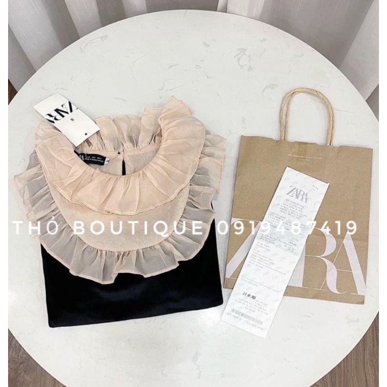 Áo nhung đen ZARA xuất xịn vintage tiểu thư tay dài cổ tròn viền bèo tơ oganza màu be