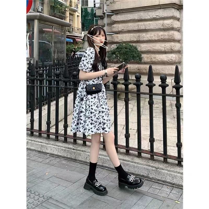 COZOK Đầm Tay Ngắn Chiết Eo Họa Tiết Hoa Phong Cách Retro Hong Kong