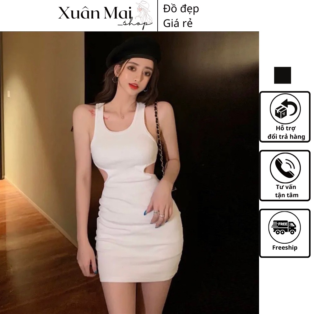 [FREESHIP] Đầm ôm body nữ thiết kế ba lỗ khoét eo hở lưng hai màu đen trắng
