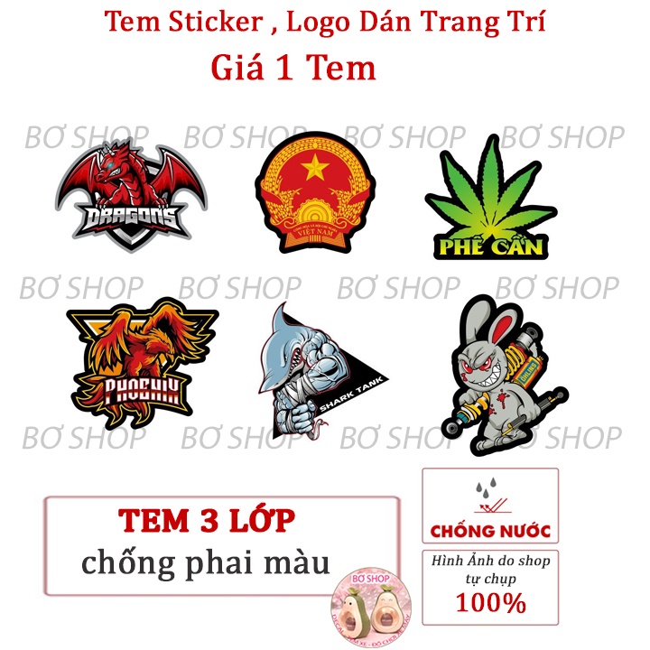 Tem Sticker , Logo ĐẢNG , DRAGON , PHOENIX , RABBIT , SHARK ... Tem 3 lớp cao cấp chống phai màu
