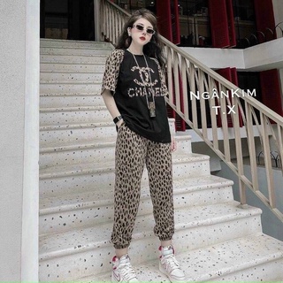 Set bộ áo phông quần bom channel da beo