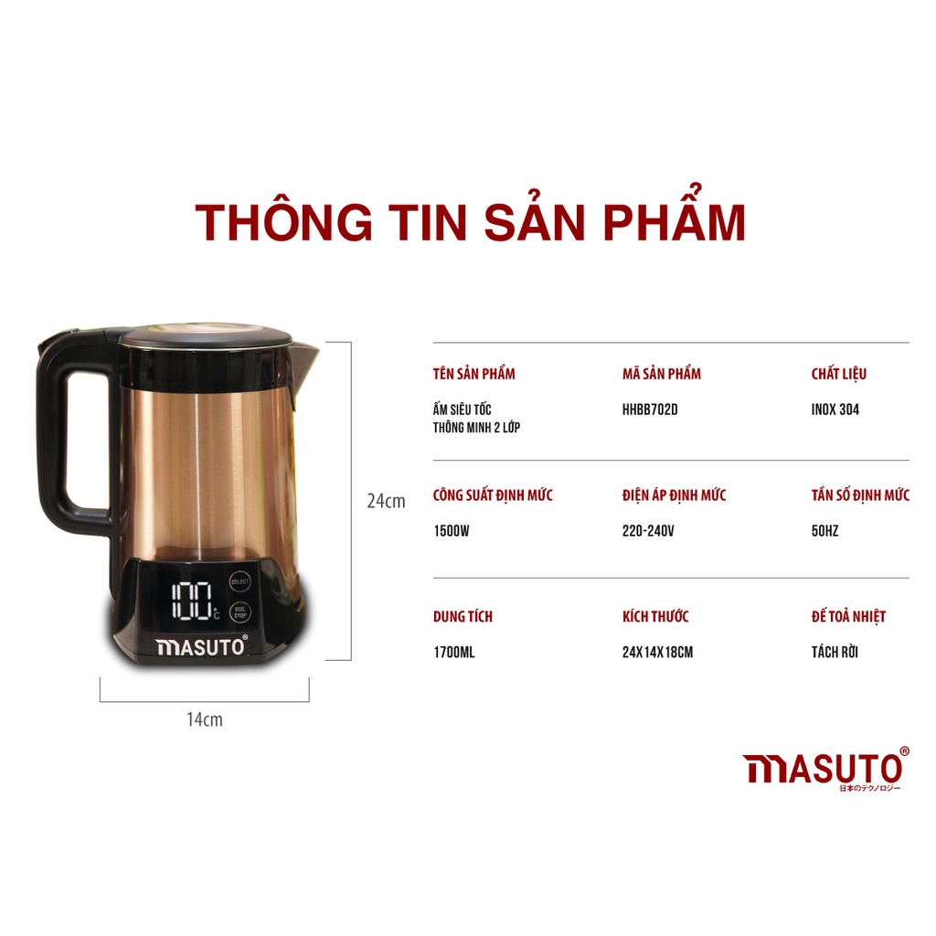 Ấm siêu tốc Masuto 1,5L 2 lớp chống bỏng giữ nhiệt 6 tiếng tự động pha sữa cafe siêu ngon VOUCHER 50K