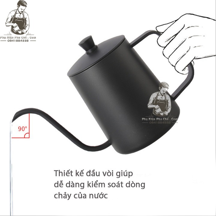 Ấm Rót Cổ Ngỗng - Bình Pha Cà Phê Inox 304 Loại Dày, Có Nắp