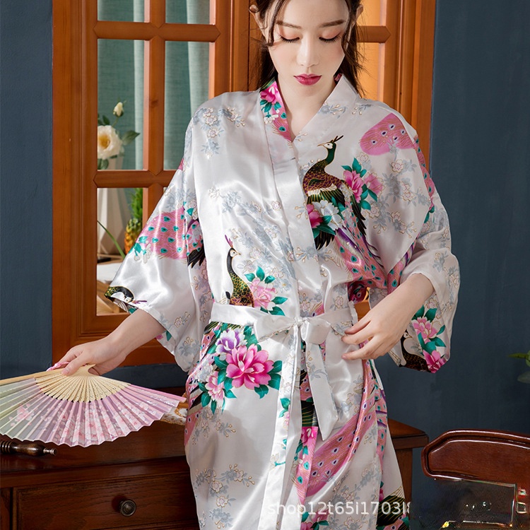 Áo Choàng Ngủ Kimono Vải Lụa Lạnh Mỏng In Hình Chim Công Thời Trang Mùa Hè Mới Cho Nữ