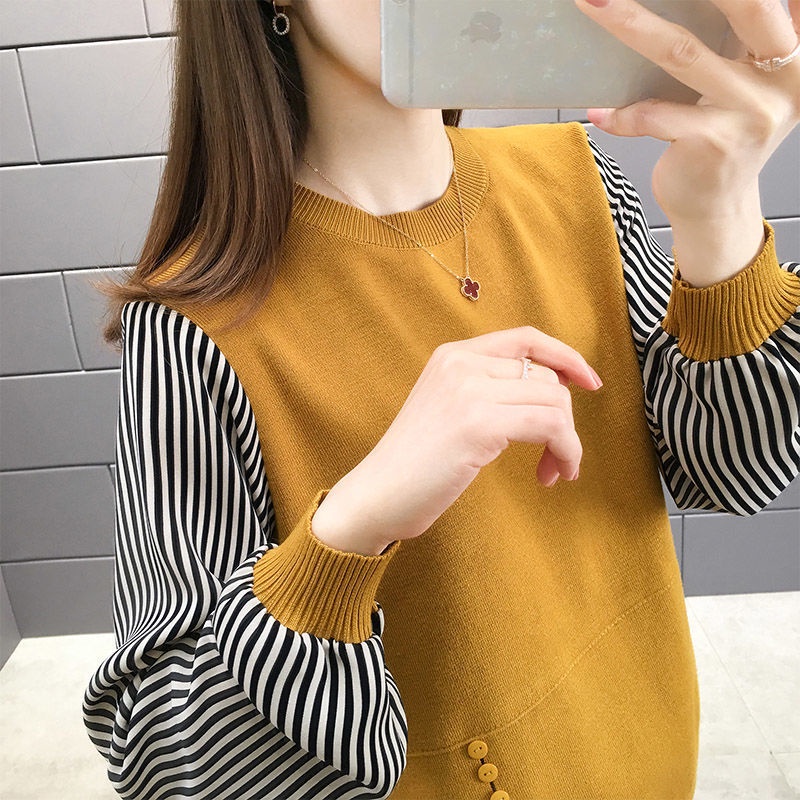 Áo sweater dệt kim mỏng dáng rộng giả hai lớp thời trang thu đông hàng mới dành cho bạn nữ 2021