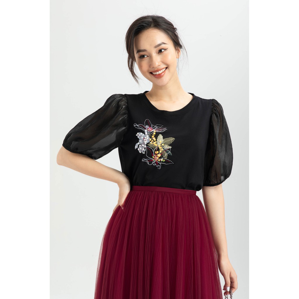 Áo thun tay phối oganza nữ IVY moda MS 57M6272
