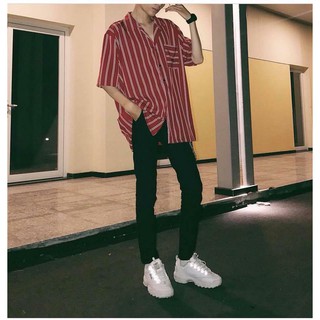 Áo sơ mi sọc đỏ tay ngắn