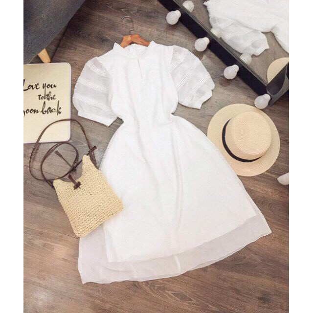 Đầm dự tiệc cao cấp trắng tay phồng phối ren chất Voon nhẹ nhàng sang trọng | BigBuy360 - bigbuy360.vn