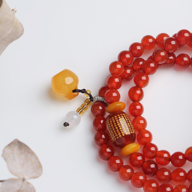 [Hàng Mới] Vòng Đeo Tay Mã Não Ba Vòng Phong Cách Dân Tộc Retro Dạng Chuỗi Hạt Táo