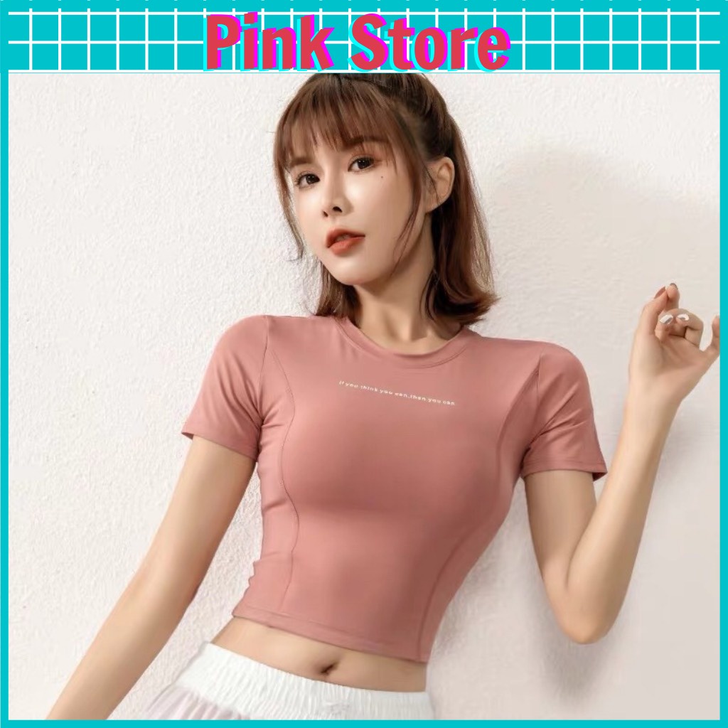 Áo Tập Gym Nữ Thể Thao Croptop Ôm Body Cộc Tay Thun Lạnh Co Giãn PINK STORE 1807