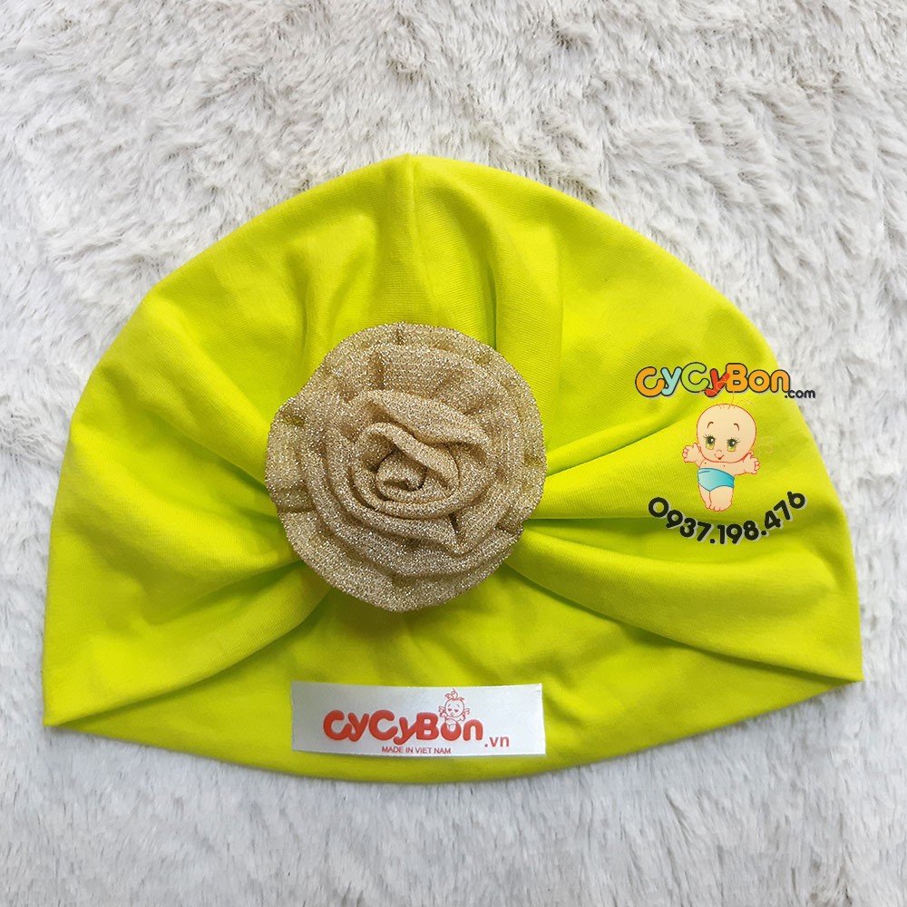 Mũ Nón Turban Cho Bé Gái Thun Đính Bông Hoa Hồng Cuốn Màu Vàng Kim Tuyến Có Size Từ Sơ Sinh !