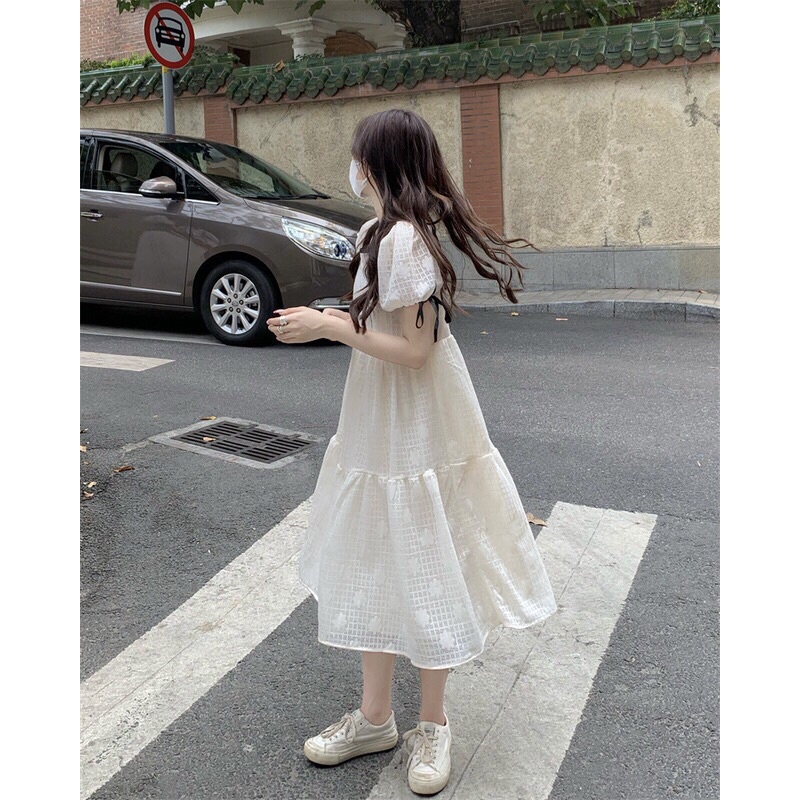 Váy babydoll ren hoa viền đen tay nơ dáng xoè Pea Store